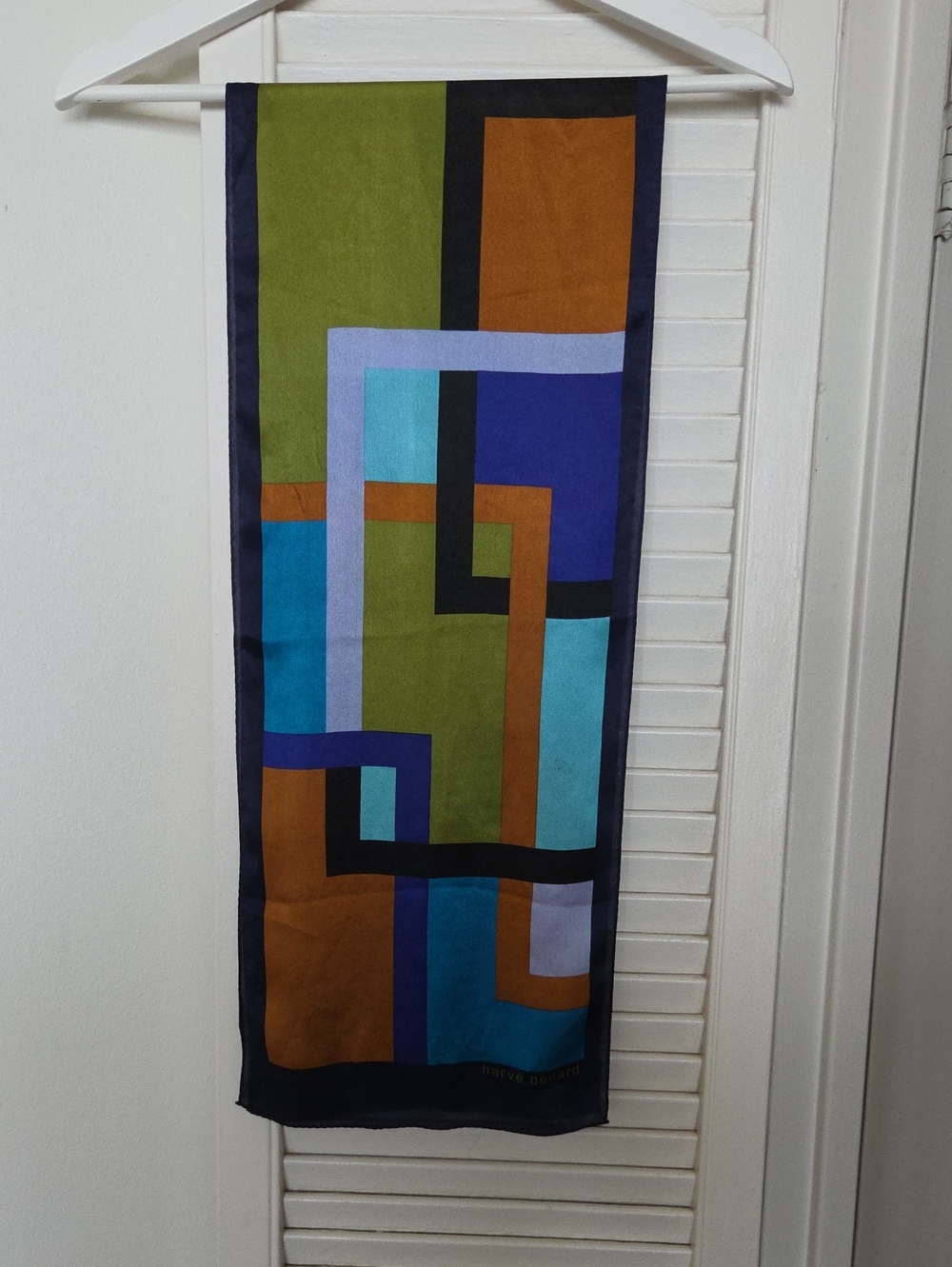 Harve Benard Geometric Colorblock Silk Scarf in Green Blue Brown 52 X 10 Inches